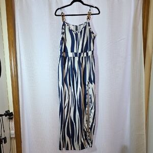 Sexy High Slit Gold Link Accents Blue/White Zebra Stripes Sleeveless Maxi Dress